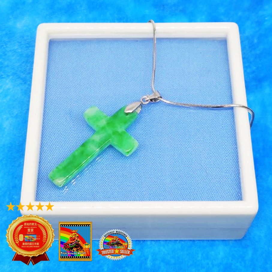 Kalung Liontin  Salib giok Burma Hijau