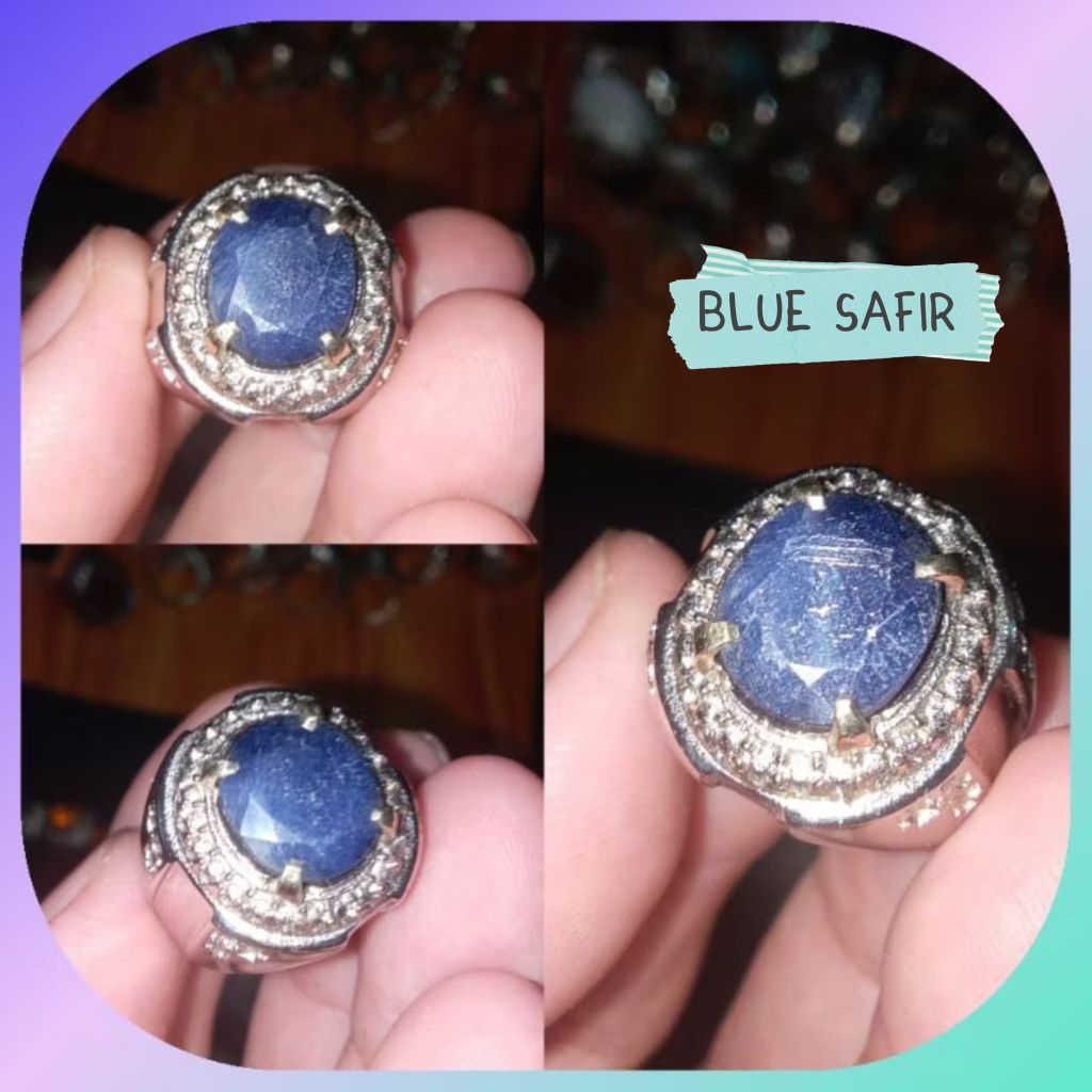 Cincin Batu Permata Blue Safir Asli Natural