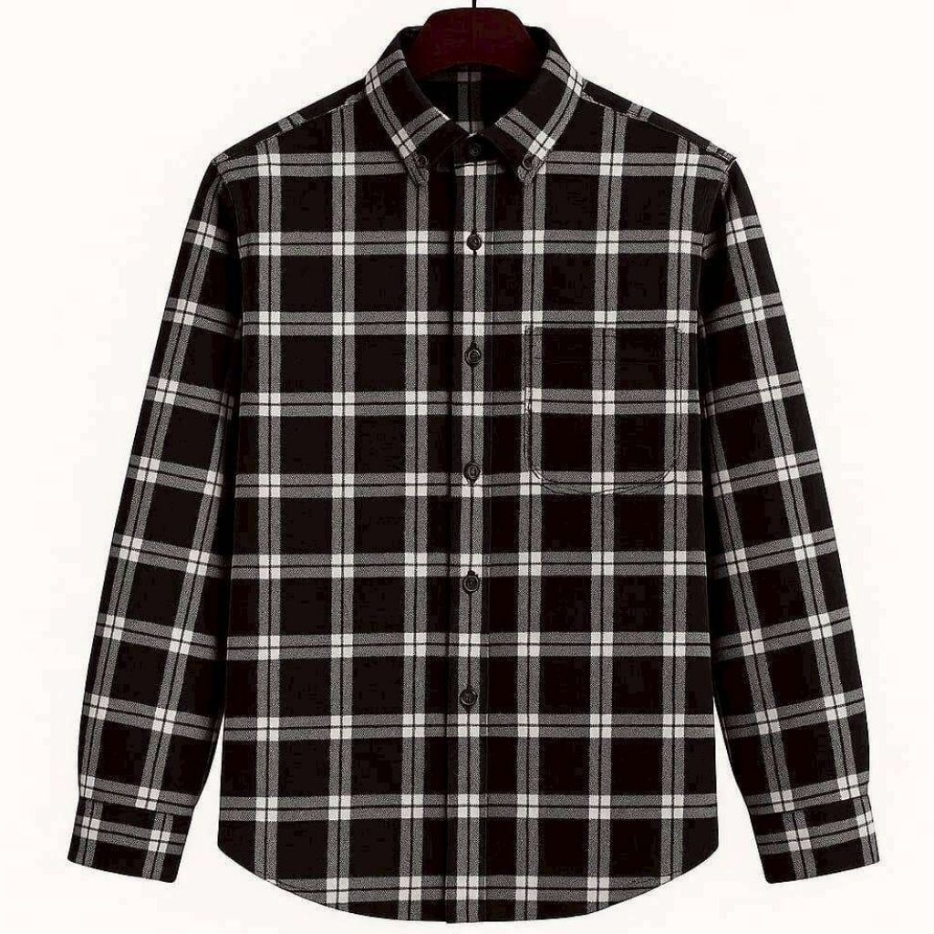 Kemeja Flanel Hitam Garis 2 Putih Motif Kotak Kotak Unisex Pria Wanita Lengan Panjang Casual Formal