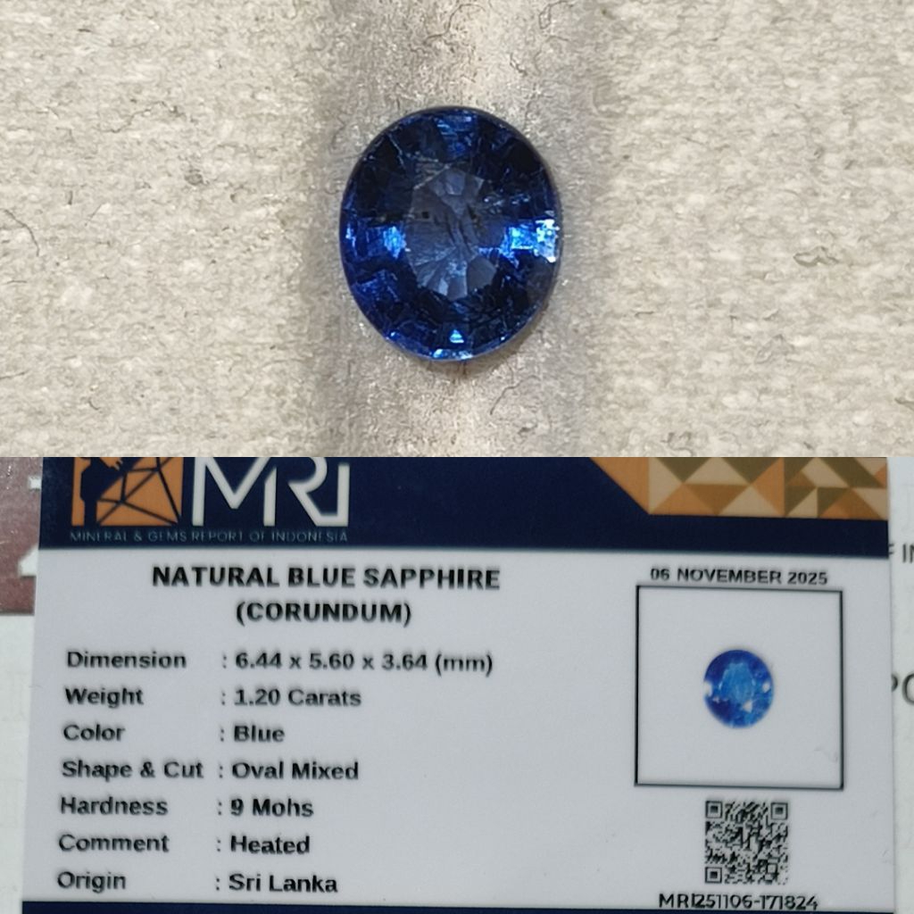 Natural Blue Sapphire Srilanka 1,2ct Heat Only Memo MRI