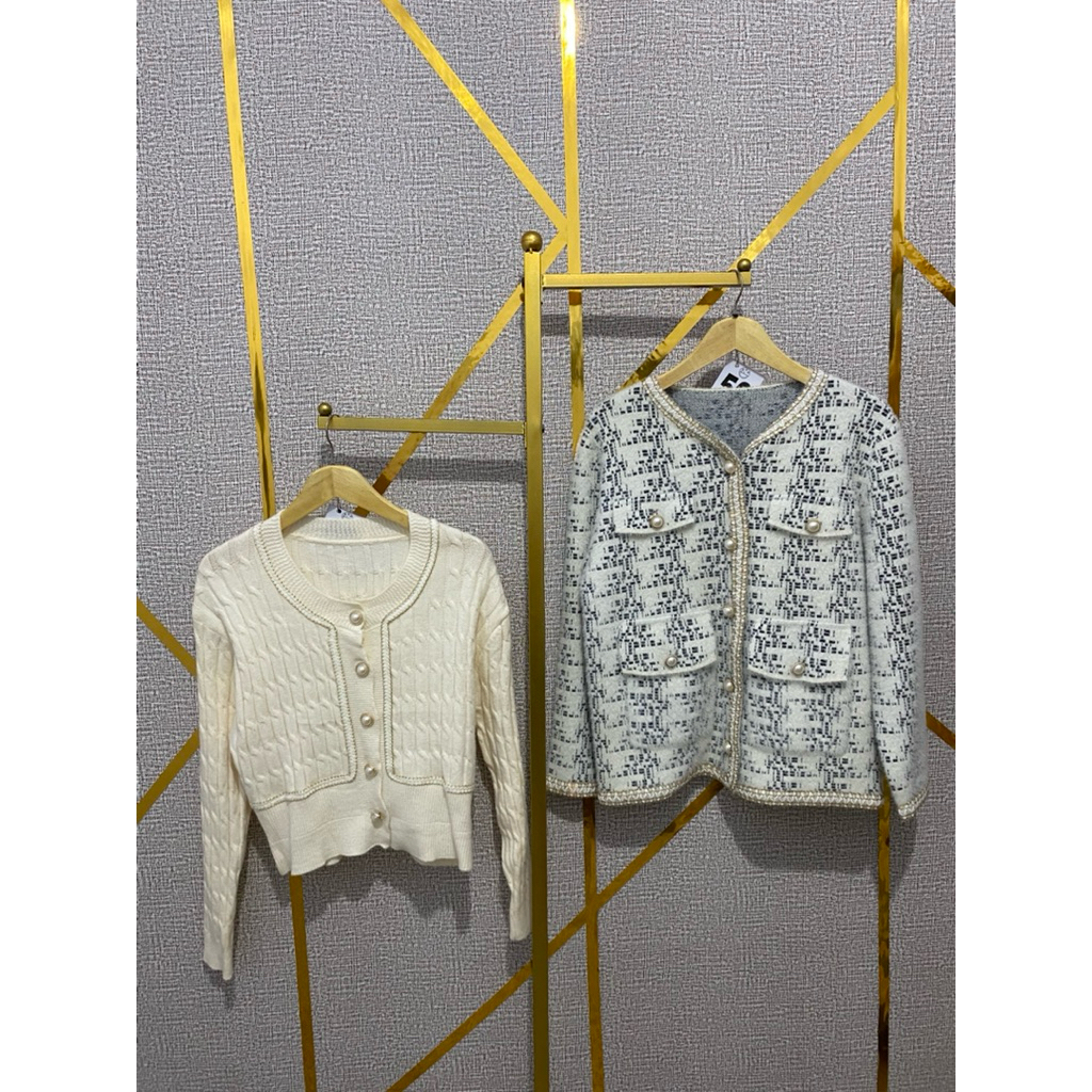 CARDIGAN RAJUT MOTIF CREAM DAN CARDIGAN RAJUT TWEED ELEGAN