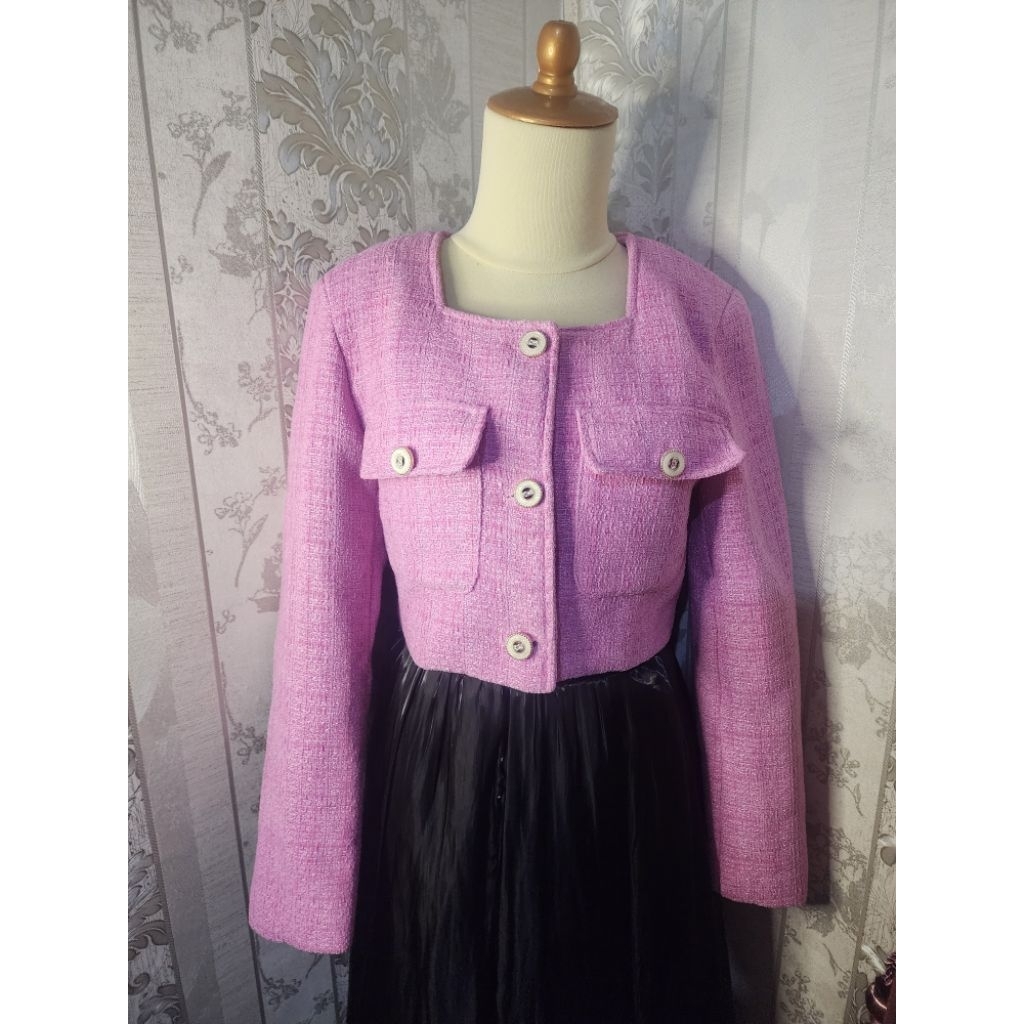 Blazer Crop Tweed Pink Barbie Merah Muda