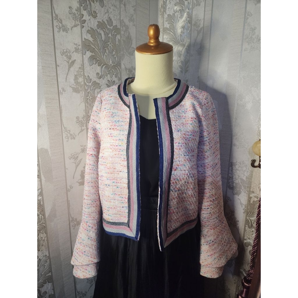 Blazer Crop Outer Jacket Tweed Pink Barbie Navy