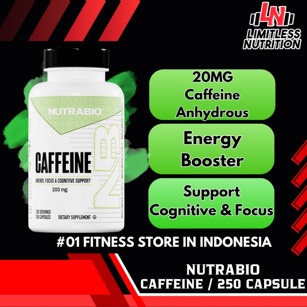 (PROMO) Nutrabio USA Pure CAFFEINE 200mg Caffeine Anhydrous - 250 Capsules Servings Kafein Tablet Ka