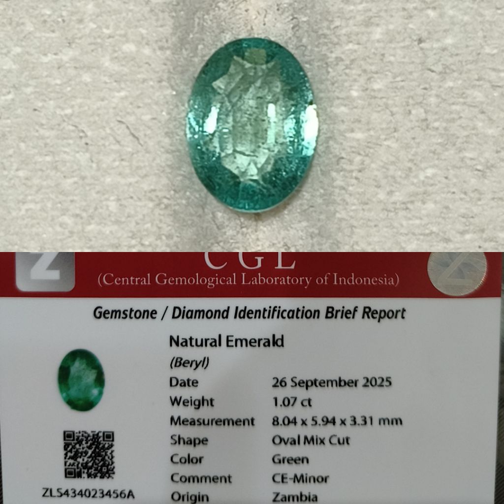 Natural Emerald Zambia 1,07ct Green Minor Memo CGL