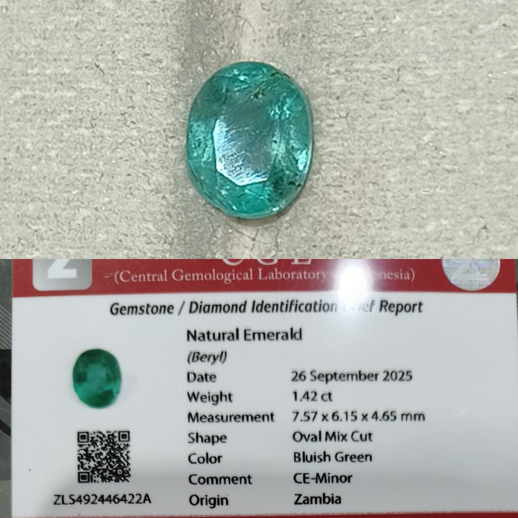 Natural Emerald Zambia 1,42ct Green Minor Memo CGL