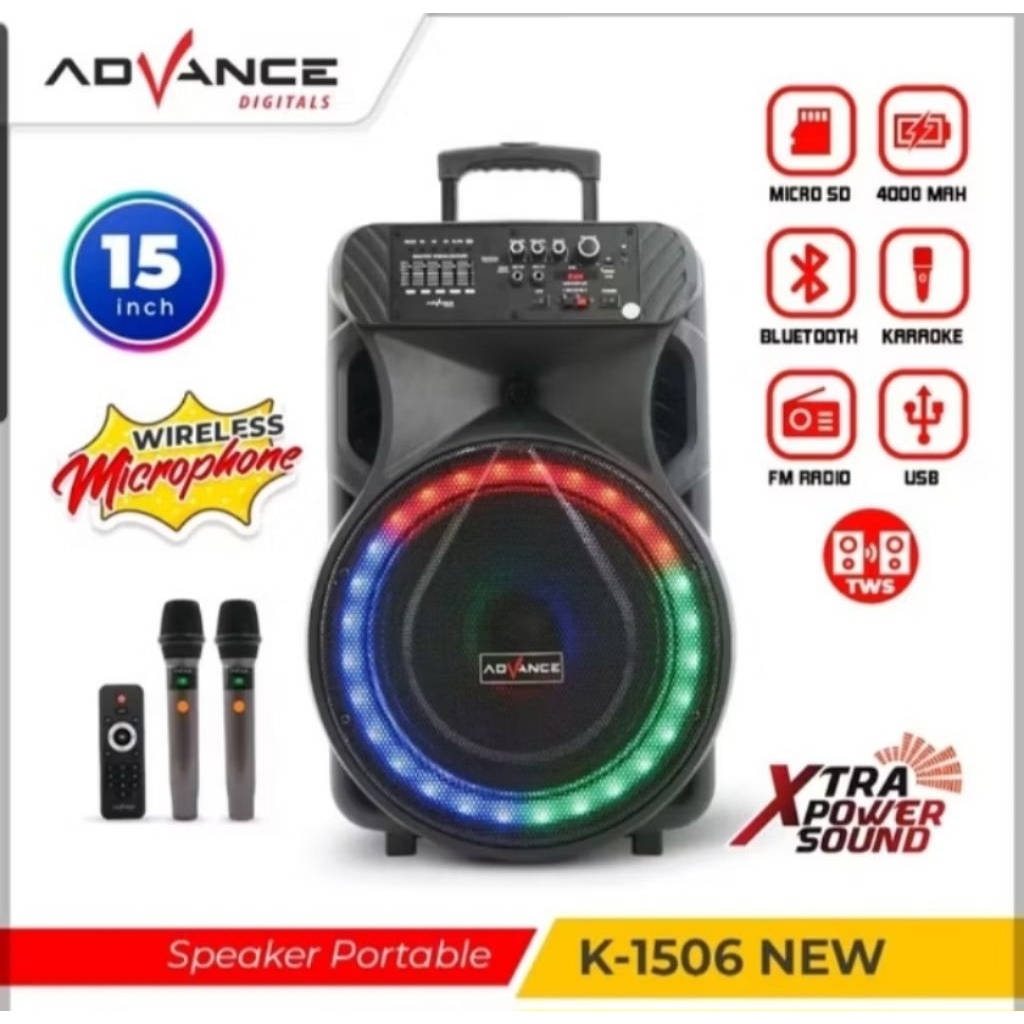 Speaker Aktif 15" ADVANCE K1506 Portable 2 Mic Wireless Karaoke Sound System 15 inci / inch