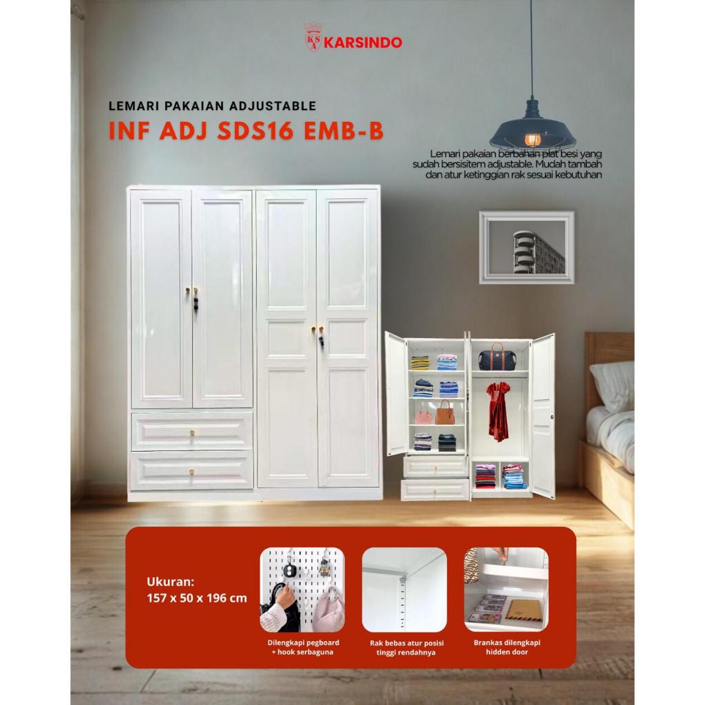 Karsindo Lemari Pakaian Besi 4 Pintu Swing Lemari Baju Lemari Besi SDS16