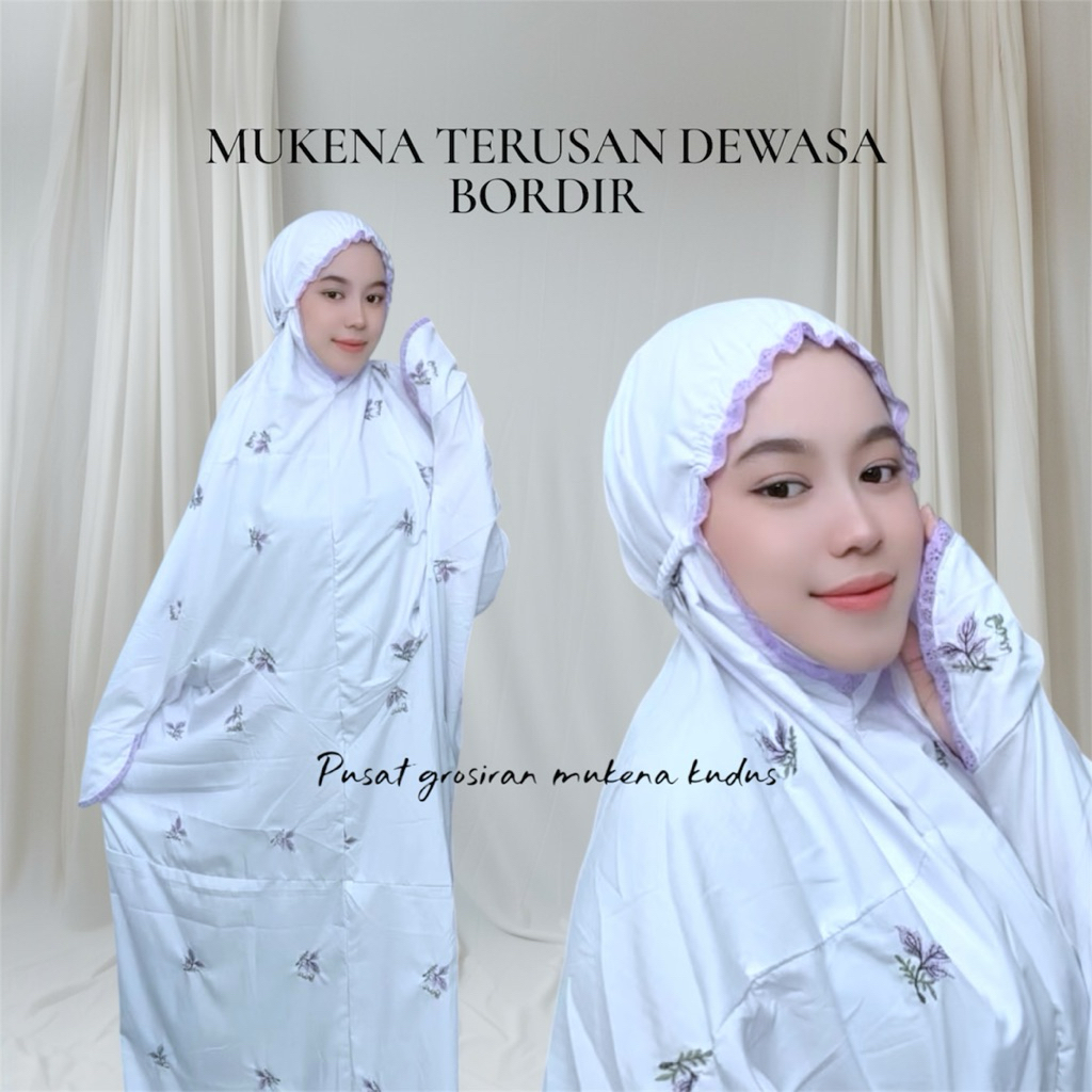 MUKENA TERUSAN DEWASA PANJANG LAJURAN BORDIR PUTIH BERSIH TERBARU