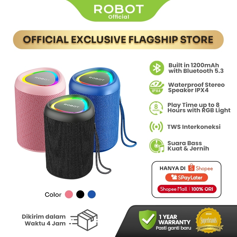ROBOT Speaker Bluetooth RB120 Bass Kencang RGB IPX4 TWS Stereo Bluetooth 5.3 1200mAh – Garansi Resmi