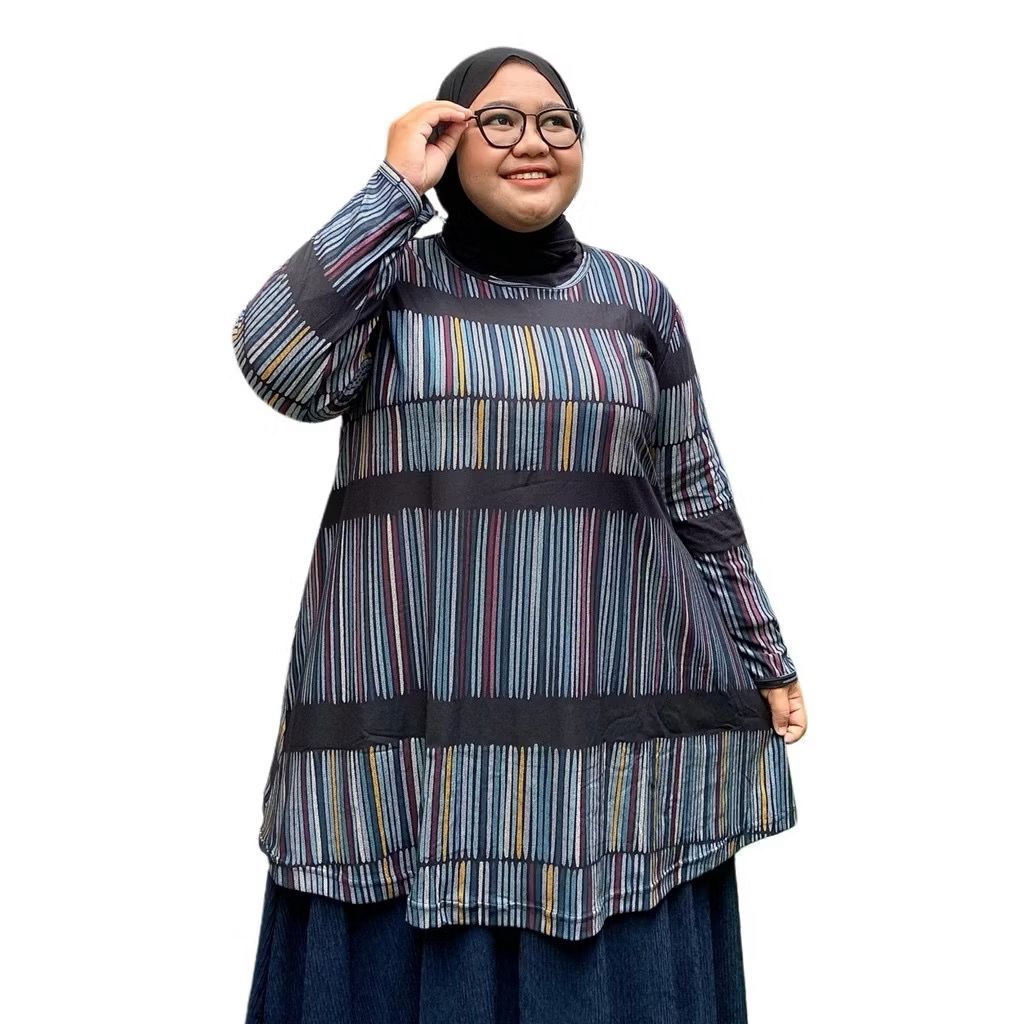 Atasan Wanita Muslimah Ninik Jumbo Tunik Bahan Calvin Jeans Motif Polos LD120 LD140 By Redea