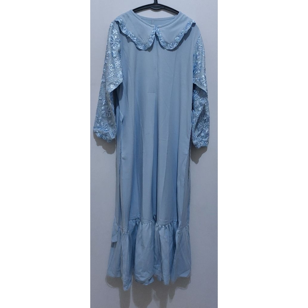PRELOVED GAMIS DRES KONDANGAN BROKAT MIX MOSCREPE BABY BLUE