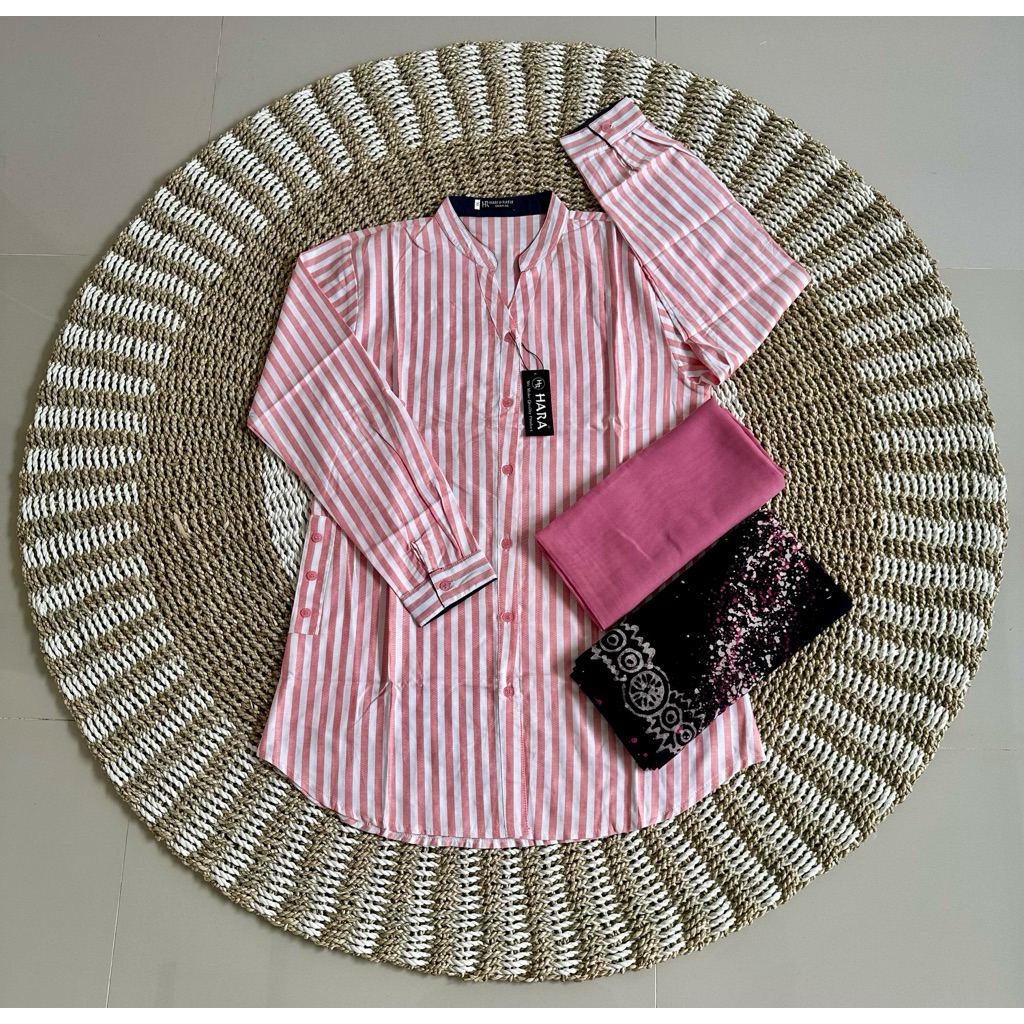 Stelan Tunik Hara Motif Salur Terbaru + Sarung Aqil + Hijab