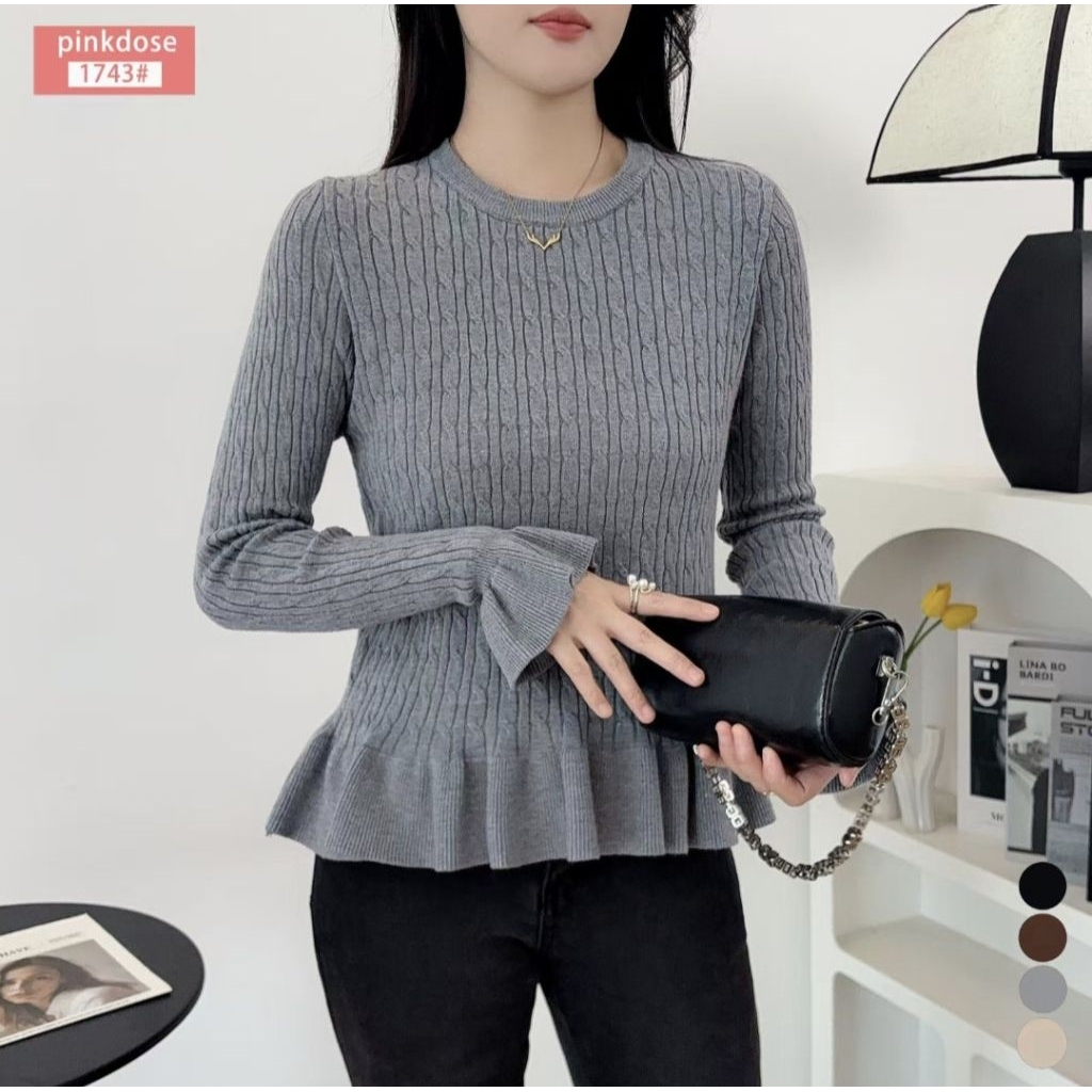 SWEATER RAJUT PINKDOSE RUFFLE BRAIDED KNIT TOP