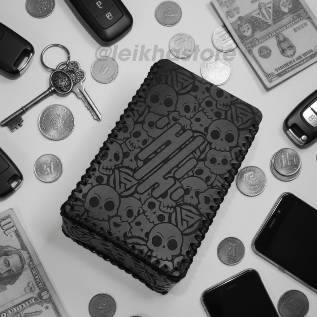 Dompet PU Leather Sleeve Case R234 Hitam Logo Full Skull Besar Benang Hitam Wadah Koin Kunci Premium