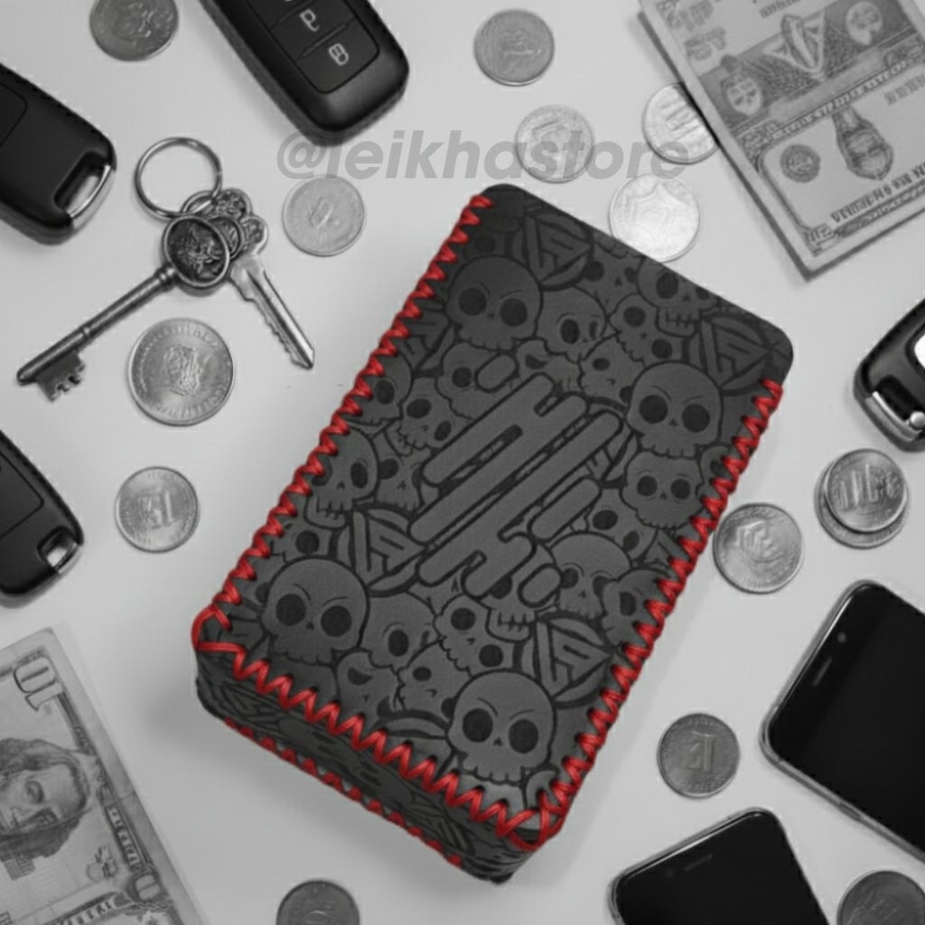 Dompet PU Leather Sleeve Case R234 Hitam Logo Full Skull Besar Benang Merah Wadah Koin Kunci Premium