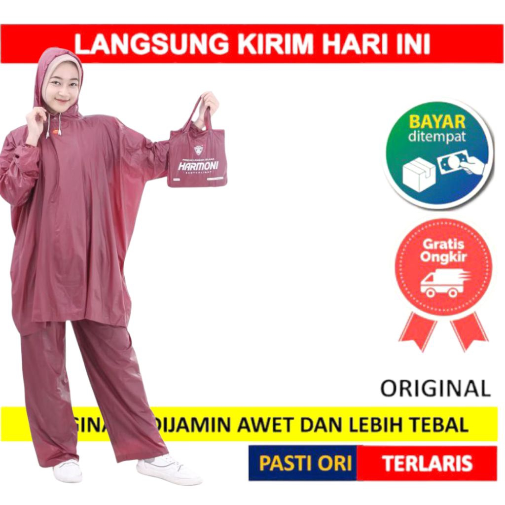 Jas Hujan Setelan Celana Pria Wanita Warna Merah/Maroon