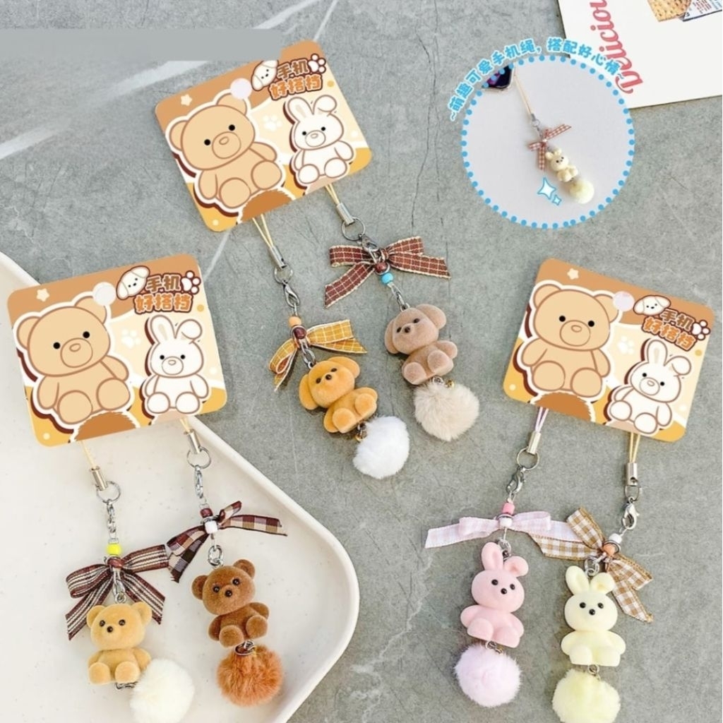 (Charm Bludru + PomPom) Strap HP Boneka Mainan Premium Gantungan HP Kunci Ganci Keychain Kucing Keli