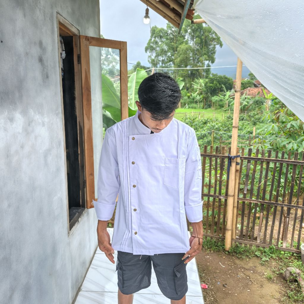 CHEEF ELITE ​Seragam Koki Chef Jacket Unisex Putih Elegant - Lengan Pendek