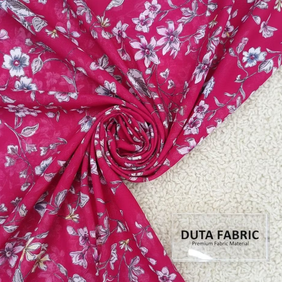 Kain Ceruty Premium Motif Floral Magenta Mewah / Ceruti Babydoll Printing Bunga Cantik (Harga Per 0,