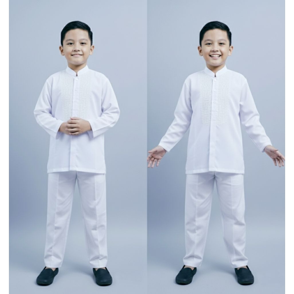 SETELAN BAJU KOKO ANAK PUTIH PANJANG BAHAN KATUN BAJU MANASIK MAULID ANAK SEKOLAH MENGAJI BORDIR BAG