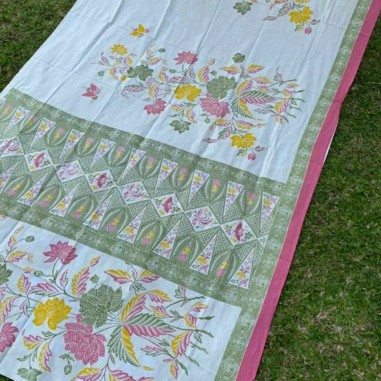 (ORIGINAL) KAIN BATIK SOLO ENCIM BUNGA KUPU PUTIH TULANG HIJAU PINK