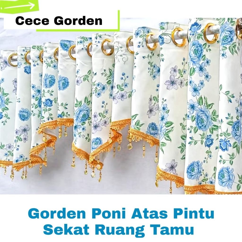 Gorden Poni Atas Pintu  Bahan Blackout Motif Bunga Pink Besar Elegan Minimalis
