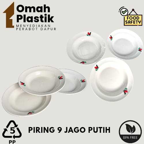 (PAKET HEMAT 4 LUSIN) PIRING 9 JAGO PUTIH - PIRING MAKAN PLASTIK - PIRING PUTIH MOTIF AYAM JAGO