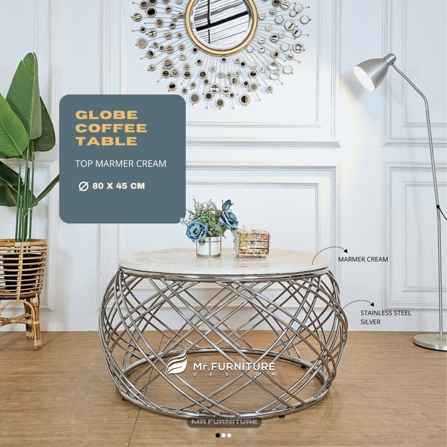 Meja Tamu Bulat Model Globe Marmer Krem Stainless Silver D 80 cm T 45 cm