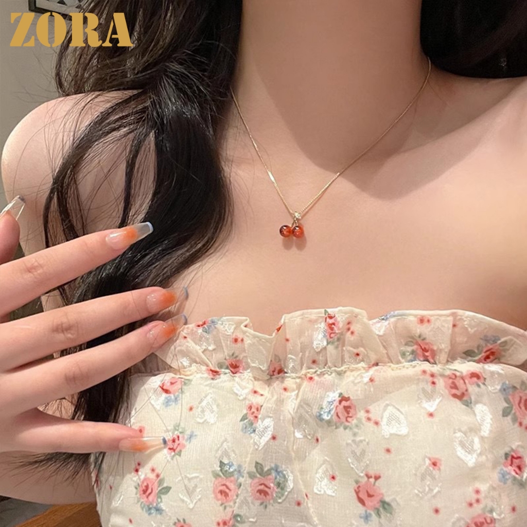ZORA Kalung Titanium Anti Karat Dan Anti Pudar Korea Dengan Liontin Ceri Merah Kalung Untuk Wanita G