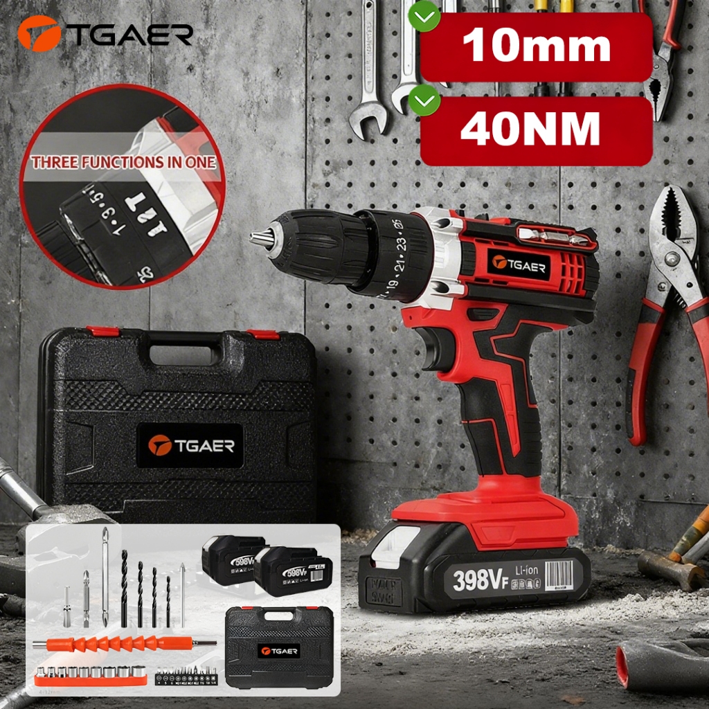TGAER New 3 in 1 Impact Drill Torsi 40N.M 10mm Bor Baterai 21V Cordless Untuk DIY Rumah Bor Baterai 