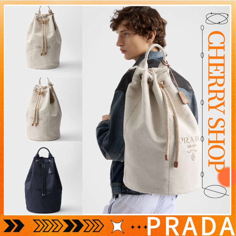 prada Linen Blend Drawstring Travel Bag / Tas Travel Serut Campuran Linen