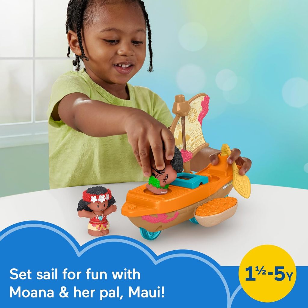 Fisher-Price Little People Toddler Toy Disney Princess Moana & Maui’s Canoe Sail Boat with Figures f