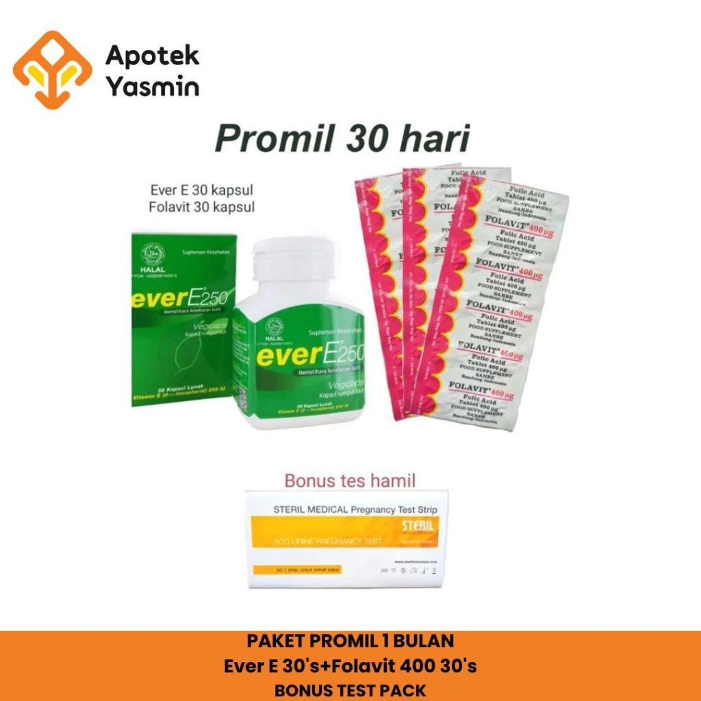 Paket Promil 30hari Ever E 250IU isi 30 kapsul - Folavit 400mcg - FREE Testpack 1 strip