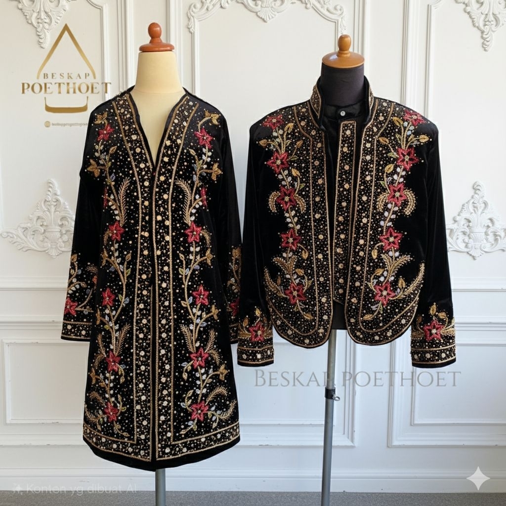 Kebaya pengantin solo putri dan beskap hewes jawa bludru hitam payet gold mix merah premium