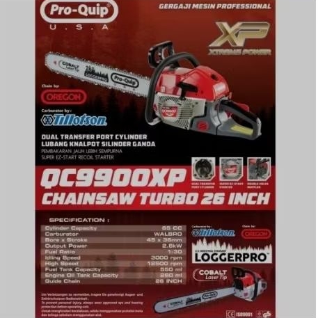 Mesin Chainsaw Potong Kayu Pro Quip Tipe QC 9900 X Turbo with Bar 26 inchi