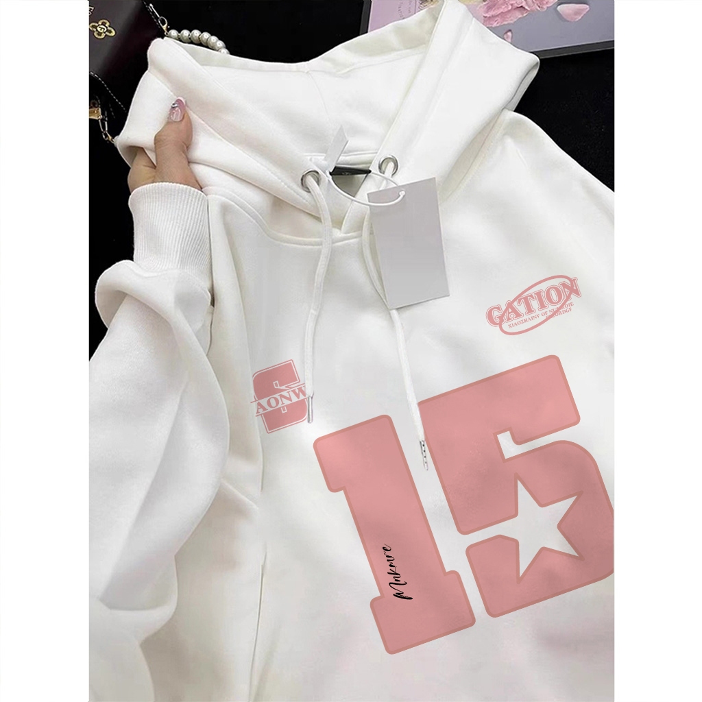 XZHAINV Hoodie lengan panjang wanita gaya Korea dengan motif angka 15/Sweater Korea Lengan Panjang/S
