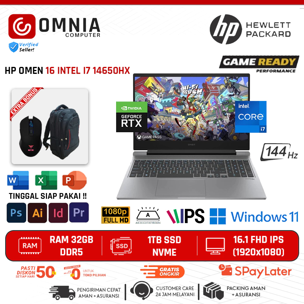 Laptop HP Omen Gaming 16 Core i7 14650HX 64GB 2TB SSD RTX4060 8GB16" Inch FHD IPS 144Hz