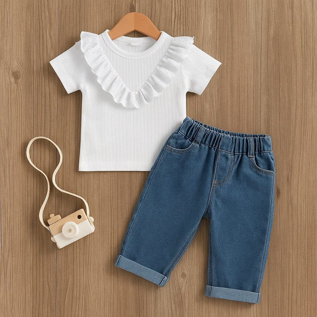 Setelan anak perempuan usia 1-5 tahun kaos knit renda celana jeans panjang fashion anak perempuan te
