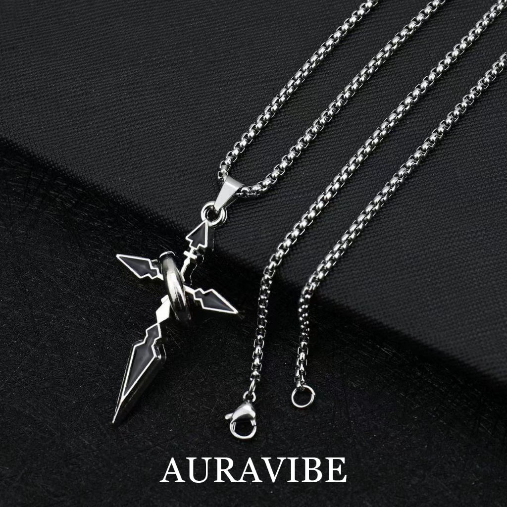 AURAVIBE-Kalung Unisex Titanium Gaya Streetwear Liontin Salib & Ring, Desain Anime Trendy
