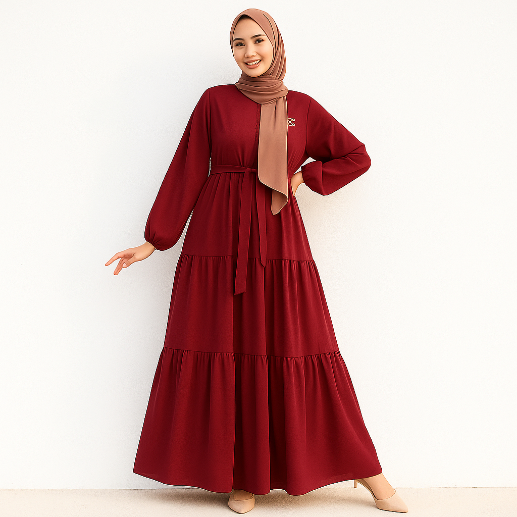 Gamis 3 Susun / Dress Serut Umpak Vol 1 Maroon / Gamis Polos - Bahan Ceruty Babydoll Terlaris