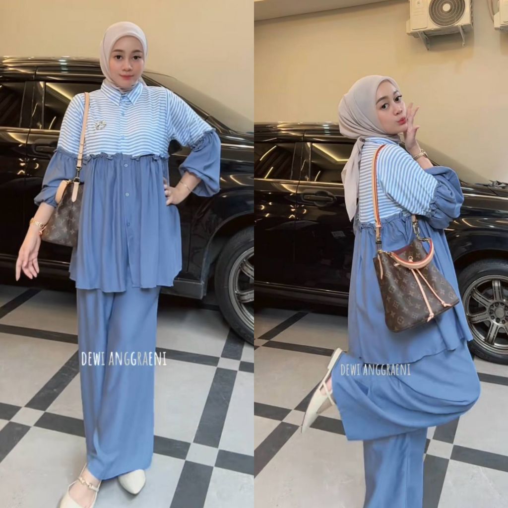 Oneset salur mahadewi setelan rayon lengan balon oneset celana kulot terbaru