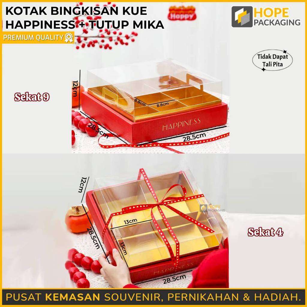 Box Tutup Mika Sekat 9 + Pita Gold /Kertas Mika Kue Natal /Kotak Mika Transparan /Kotak Kue Sekat Ha