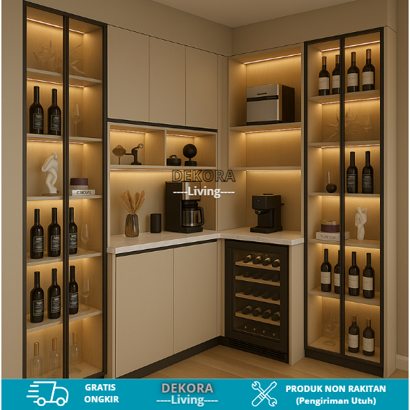 Lemari Minibar Kaca Custom L-Shape – Spirits Cabinet Premium Marble & LED (Khusus Jabodetabek)