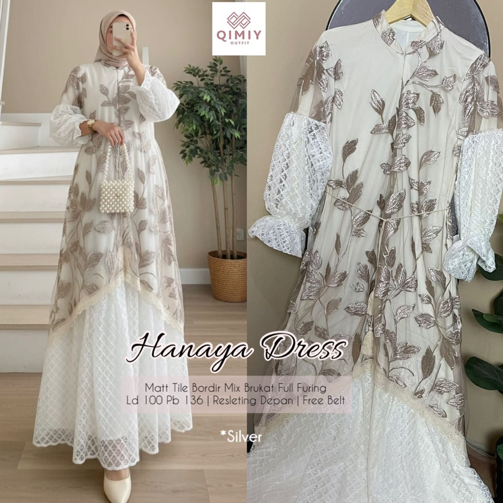 HANAYA DRESS BY QIMIY gaun gamis maxy maxi bahan tile bordir mix bruklat full furing free belt • AUZ