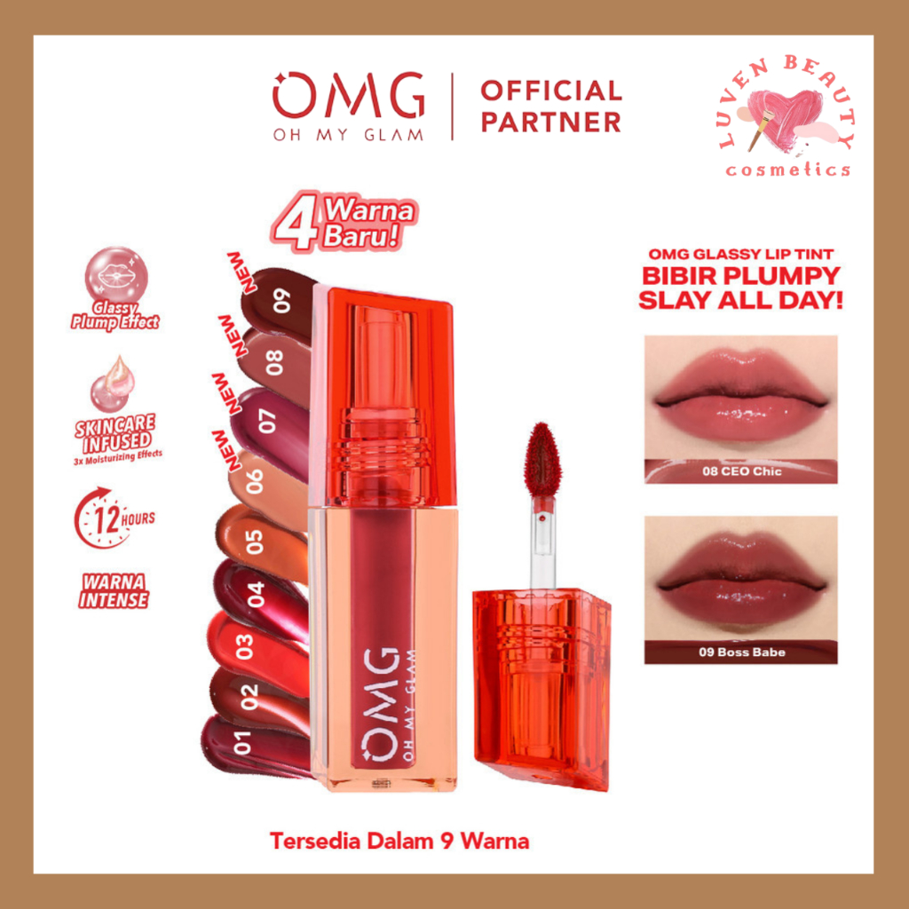 OMG OH MY GLAM Glassy Lip Tint 2g Lip Tint Warna Intense Tahan 12 Jam, Skincare Infused | OMG Glassy