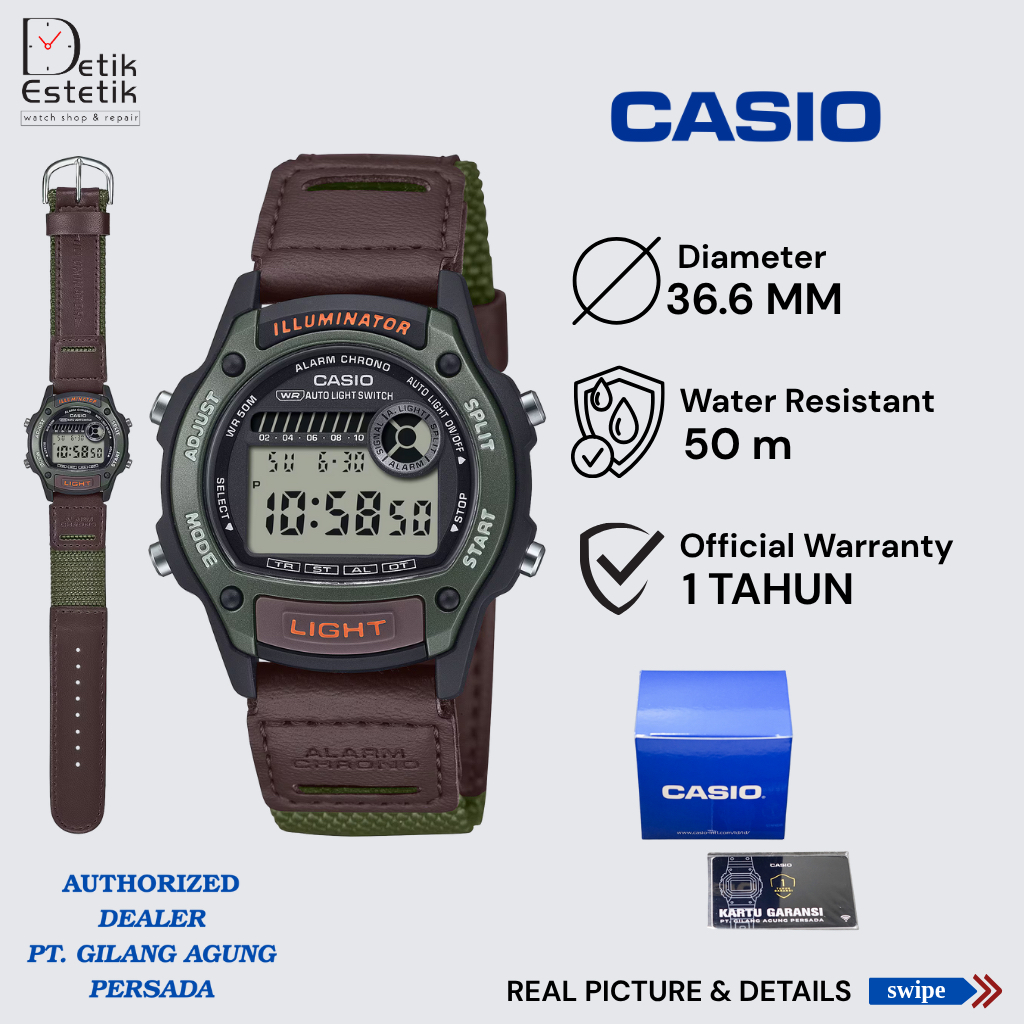Jam Tangan Casio W-220HF-3AV / W220HF Digital Green illuminator Water Resist 50m Original