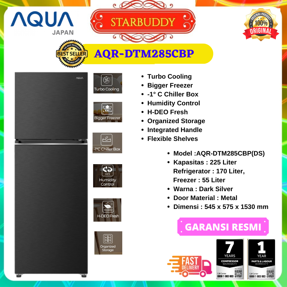 KULKAS AQUA AQR-DTM285CBP 2 PINTU TURBO COOLING BIGGER FREEZER