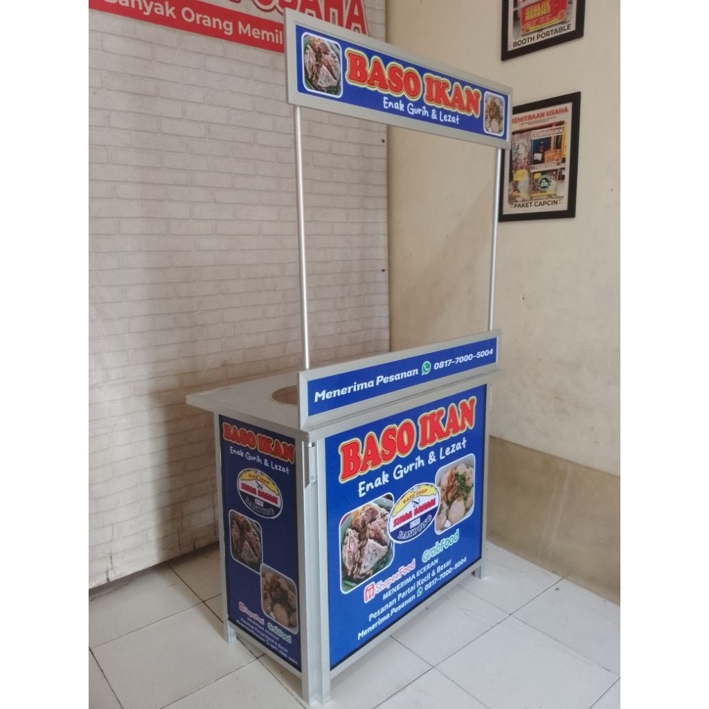 Booth Portable / Meja Lipat bahan aluminium untuk jualan bakso cilok siomay dengan variasi lubang da