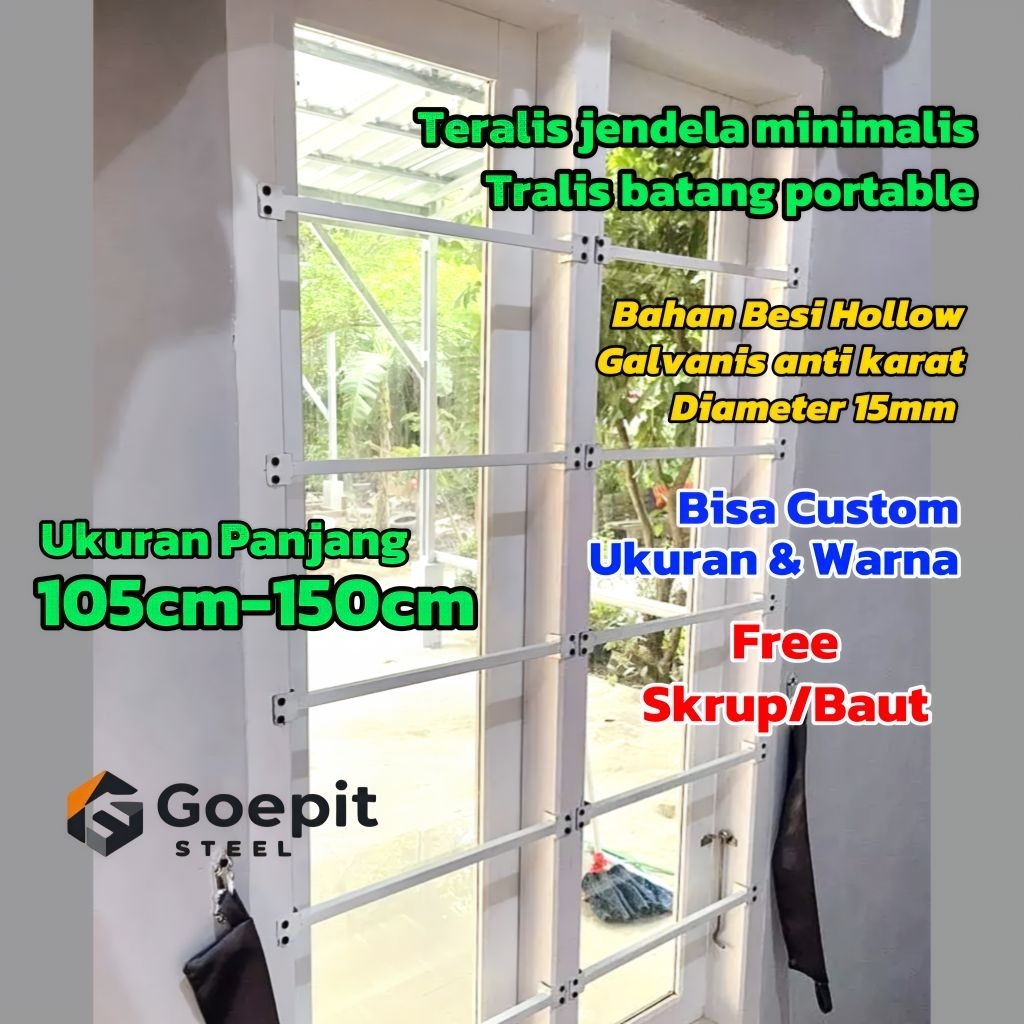 Teralis Tralis jendela minimalis batang portable, Ukuran panjang 105cm-150cm, Bahan besi hollow galv